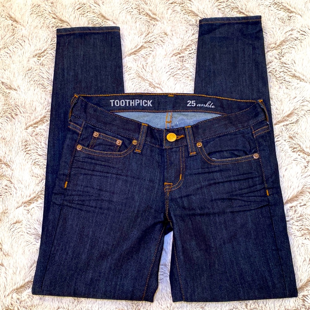 J Crew. Dark Blue with Brown Stitching Toothpick Ankle Jeans.